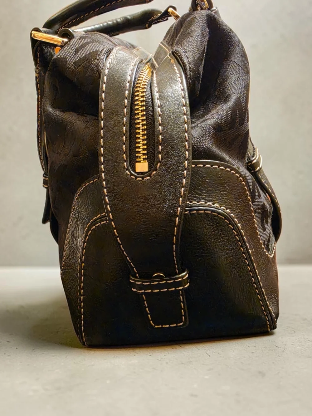 Michael Kors Black Monogram Satchel with Gold Hardware